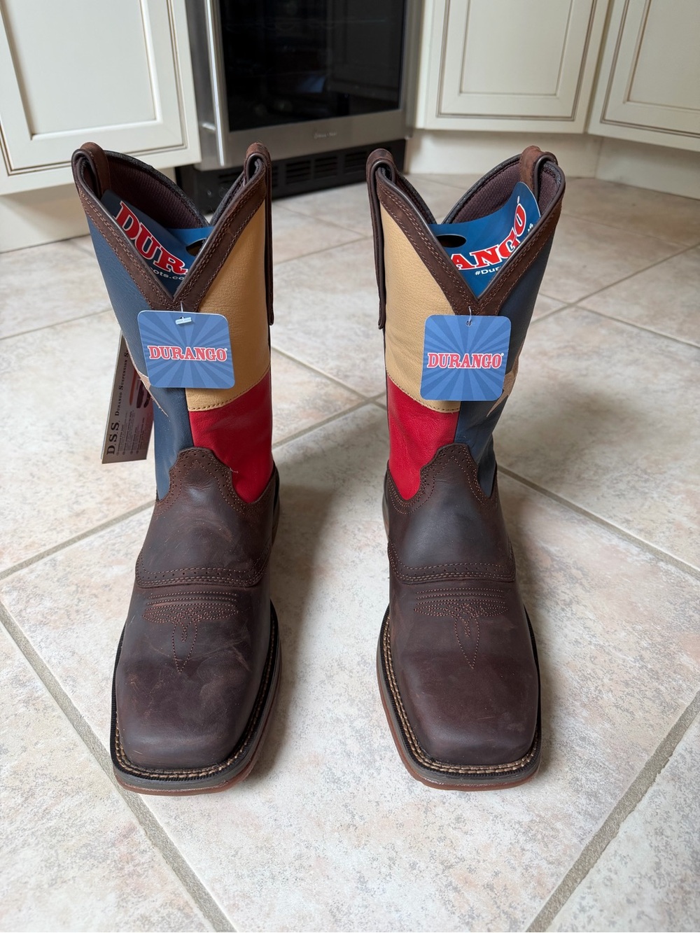 Durango Men’s Patriotic Brown Leather Western Boots with Blue, Red & Tan Shaft